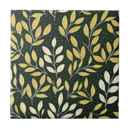 Yellow and Cream Leafy Branches Pattern  Fliese