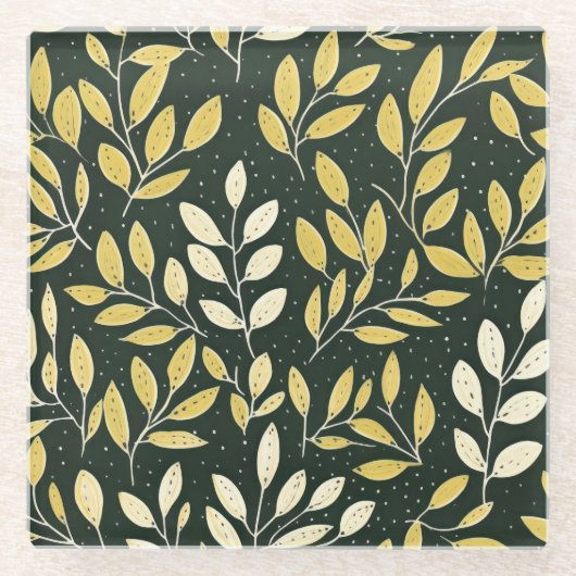 Yellow and Cream Leafy Branches Pattern  Glasuntersetzer (Vorderseite)