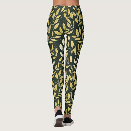 Yellow and Cream Leafy Branches Pattern Leggings (Rückseite)
