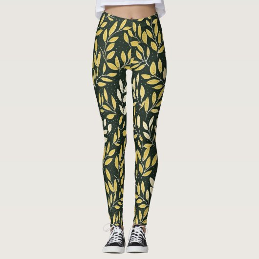Yellow and Cream Leafy Branches Pattern  Leggings (Vorderseite)