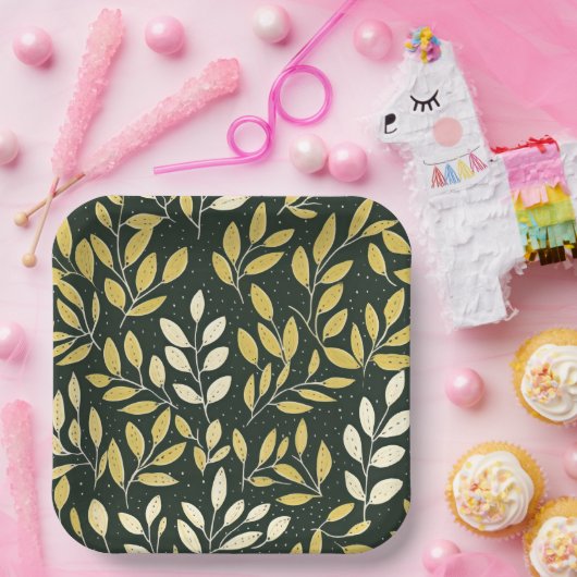 Yellow and Cream Leafy Branches Pattern  Pappteller (Party)