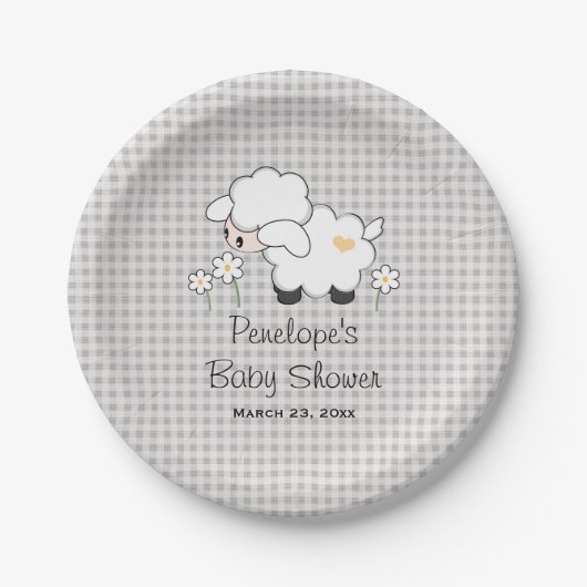 Yellow and Gray Gingham Lamb Baby Dusche Pappteller (Vorderseite)