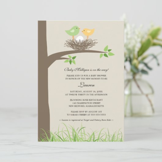 Yellow and Green Baby Bird's Nest | Babydusche Einladung (Stehend Vorderseite)