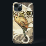 Yellow and Green Bird on Vintage Background iPhone 13 Hülle<br><div class="desc">This mix of painting and sketching portrays a close-up of a yellow and green bird on a simple black and beige background. The white lines in the background add a vintage tone. This image would fit perfect on any customizable Zazzle product.</div>