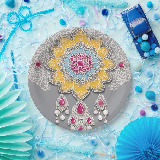 Yellow and grey floral patterns AI art  Pappteller (Party)