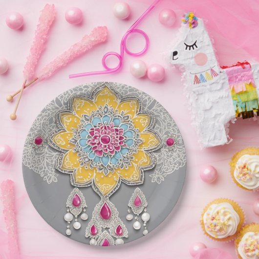 Yellow and grey floral patterns AI art  Pappteller (Party)