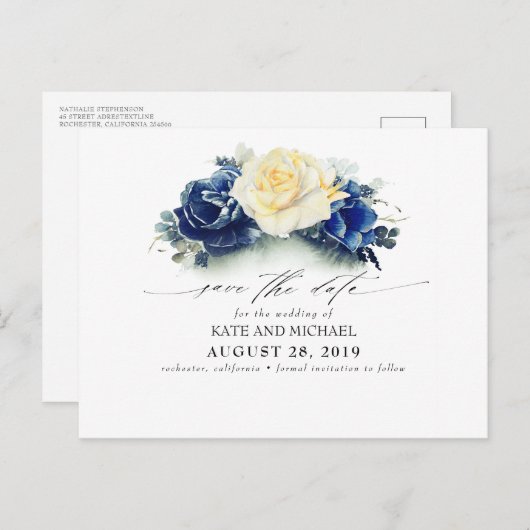 Yellow and Navy Blue Floral Boho Save the Date Postkarte (Vorne/Hinten)