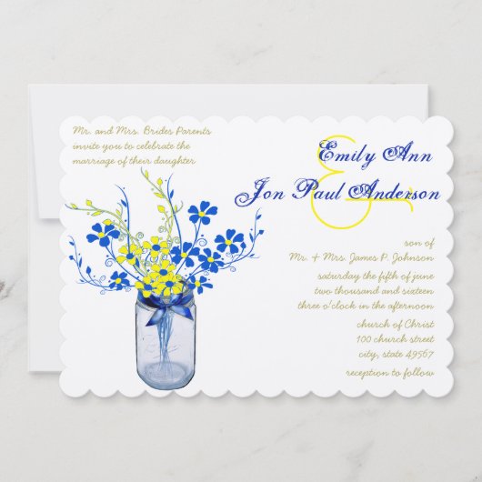 Yellow and Navy Blue Mason Jar Wild Blume Wedding Einladung (Vorderseite)