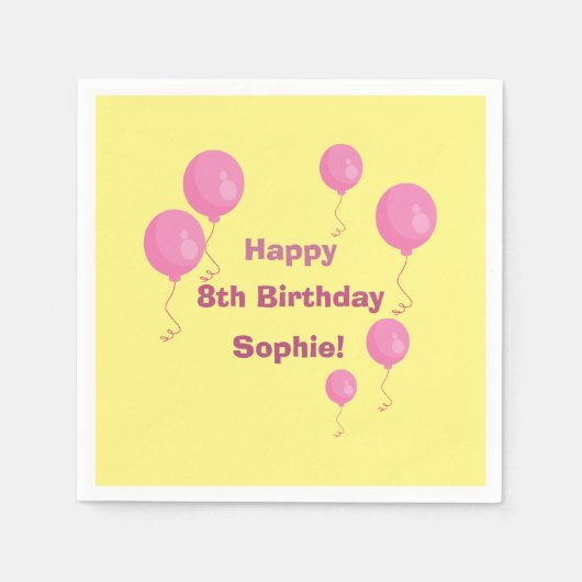 Yellow and Pink Balloon Girl Birthday Party Napkin Serviette (Vorderseite)