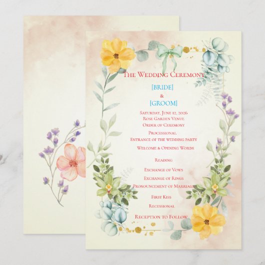 Yellow and Pink Floral Wedding Program Programm (Vorne/Hinten)
