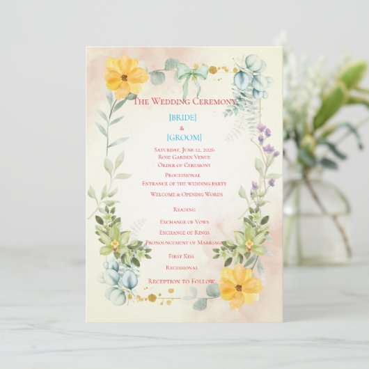 Yellow and Pink Floral Wedding Program Programm (Stehend Vorderseite)