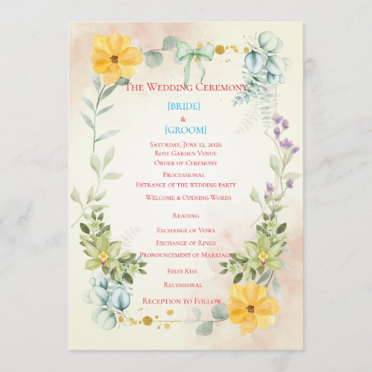 Yellow and Pink Floral Wedding Program Programm (Vorderseite)