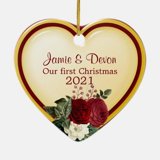 Yellow and Red Heart New Weds First Christmas Keramik Ornament (Hinten)