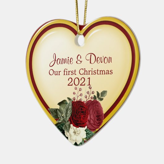Yellow and Red Heart New Weds First Christmas Keramik Ornament (Links)