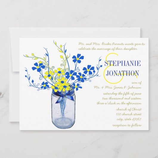 Yellow and Royal Blue Mason Jar Wildblume Wedding Einladung (Vorderseite)
