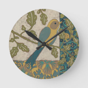 Yellow and Teal Blue Bird Perched on a  Branch Runde Wanduhr