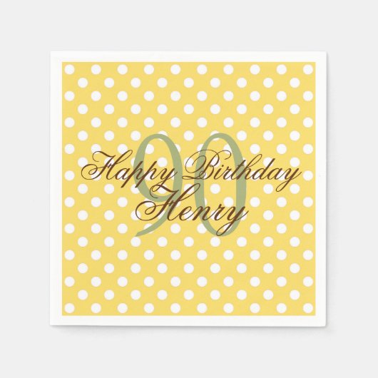 Yellow and White Fun Polka Dot 90th Birthday Paper Serviette (Vorderseite)