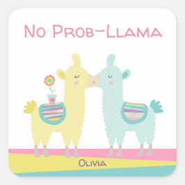 Yellow aqua llama küsst niedliche kawaii Girlansch Quadratischer Aufkleber