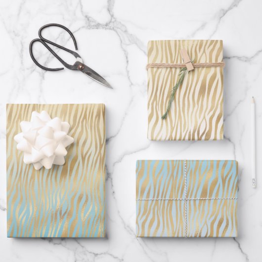 Yellow Aqua Ombre Gold Zebra Print Geschenkpapier Set (Vorderseite)