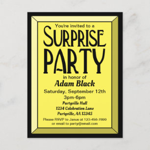 Yellow Art Deco Beveled Birthday Surprise Party Einladungspostkarte