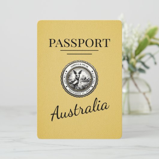 Yellow Australia Passport Save the Date (Stehend Vorderseite)