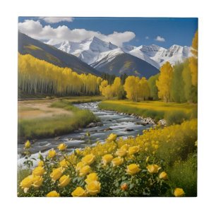 Yellow Autumn Snowy Mountains Aspen River Fliese