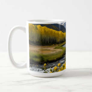 Yellow Autumn Snowy Mountains Aspen River Kaffeetasse