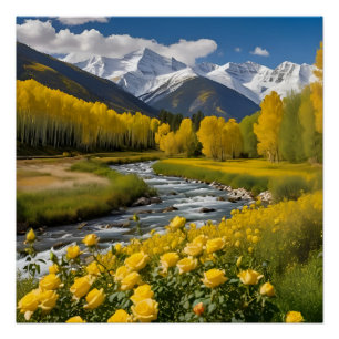 Yellow Autumn Snowy Mountains Aspen River Poster