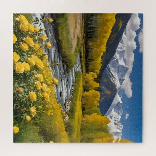 Yellow Autumn Snowy Mountains Aspen River Puzzle (Horizontal)