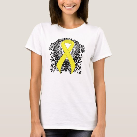 Yellow Awareness Ribbon Angel Wings T-Shirt (Vorderseite)