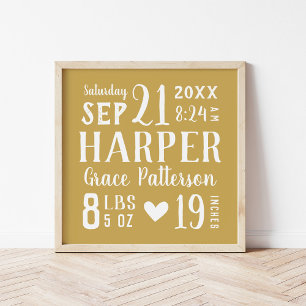 Yellow Baby Girl Birth Stats Keepake Poster
