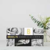 Yellow Baby Monogram 5 Foto Collage Moderne Geburt Ankündigung (Stehend Vorderseite)