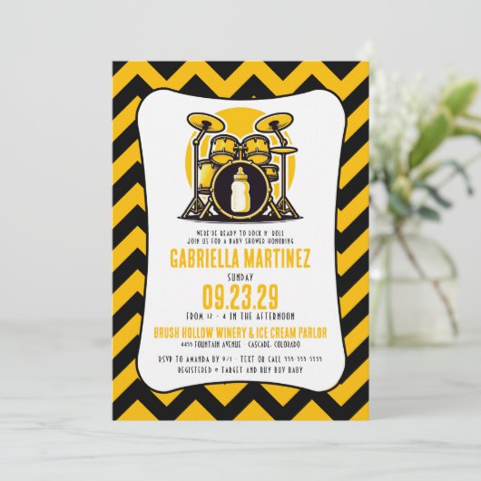 Yellow Baby Rock Baby Dusche Einladung (Stehend Vorderseite)