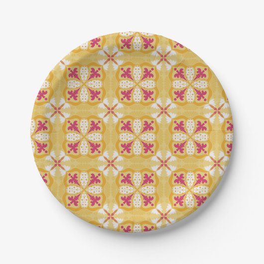 yellow back & symmetrical pink floral pattern pappteller (Vorderseite)