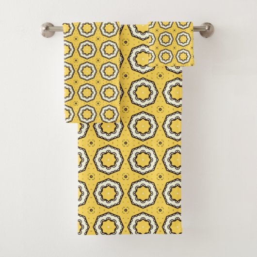 Yellow background black and white floral motif badhandtuch set (Insitu)