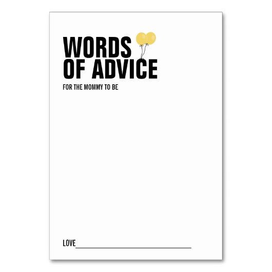 Yellow Balloon Baby Shower Mommy Advice Card Tischnummer (Vorderseite)