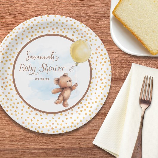 Yellow Balloon Teddy Bear Baby Shower Paper Plate Pappteller