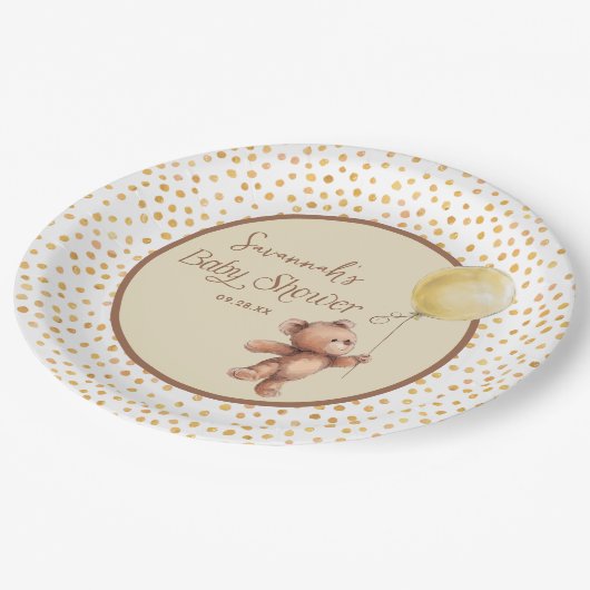 Yellow Balloon Teddy Bear Baby Shower Paper Plate Pappteller (Schrägansicht)