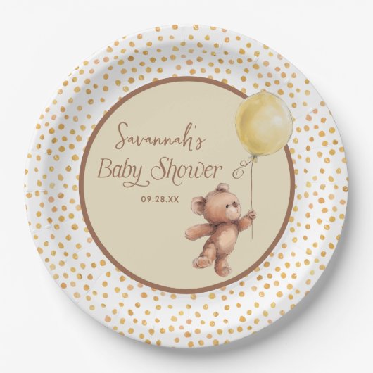 Yellow Balloon Teddy Bear Baby Shower Paper Plate Pappteller (Vorderseite)