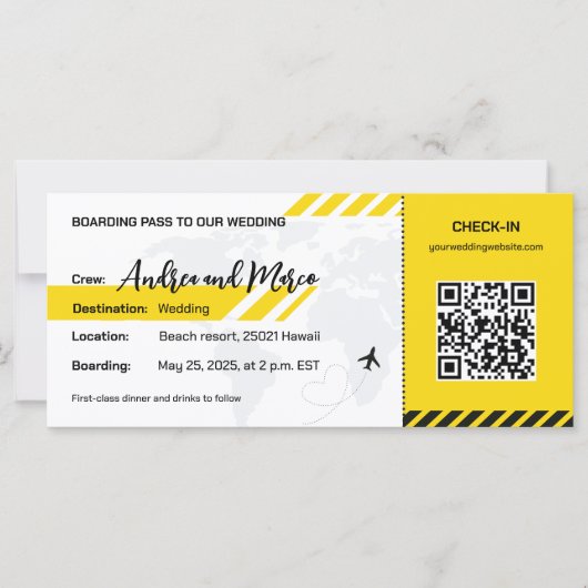 Yellow Beach Boarding Pass Einladung Hochzeit (Vorderseite)