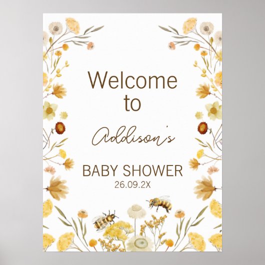 Yellow Bee Wildblumen Babydusche Begrüßungszeichen Poster (Vorne)