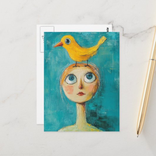 Yellow Bird on Her Head Postkarte (Vorderseite/Rückseite Beispiel)