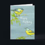 Yellow Birds Happy Birthday Friend Karte<br><div class="desc">Eine hübsche Geburtstagskarte für einen süßen Freund mit zwei hellgelben Laubvögeln,  die auf Baumzweigen mit gelben Blätter in Stift und Tinte mit Aquarellfarbe auf grauem Aquarellhintergrund gezeichnet sind. Sie können den Text an Ihre Bedürfnisse anpassen.</div>