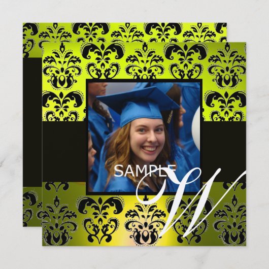 YELLOW BLACK ABSCHLUSS DAMASK MONOGRAMM Champagner Einladung (Vorne/Hinten)