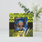 YELLOW BLACK ABSCHLUSS DAMASK MONOGRAMM Champagner Einladung (Stehend Vorderseite)