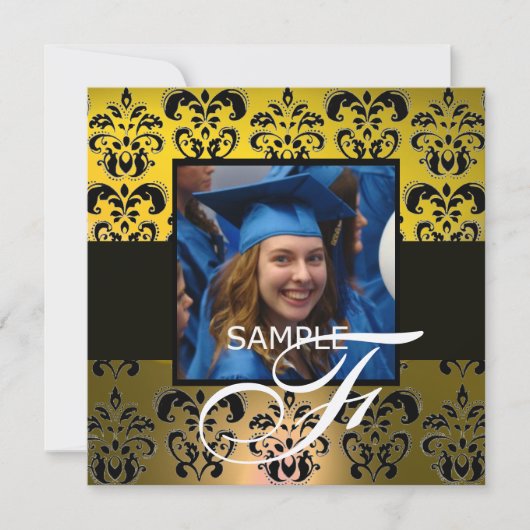 YELLOW BLACK ABSCHLUSS DAMASK MONOGRAMM Champagner Einladung (Vorderseite)