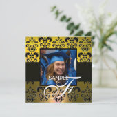 YELLOW BLACK ABSCHLUSS DAMASK MONOGRAMM Champagner Einladung (Stehend Vorderseite)