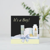 Yellow Black Blue Baby Boy Dusche Einladung (Stehend Vorderseite)