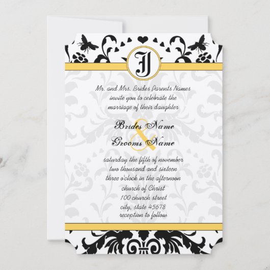 Yellow Black Bubble Bee Damask Wedite Einladung (Vorderseite)