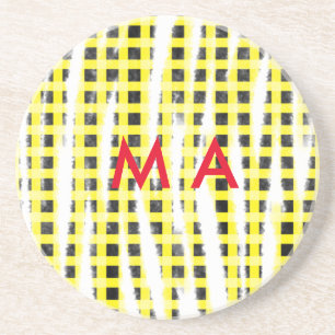 Yellow Black checkboard add name monogram name let Getränkeuntersetzer